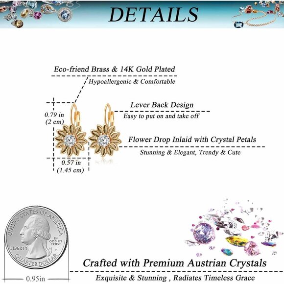 14K Gold Plated Yellow Main Crystal Flower Drop Leverback Earrings for Women - Picture 4 of 7